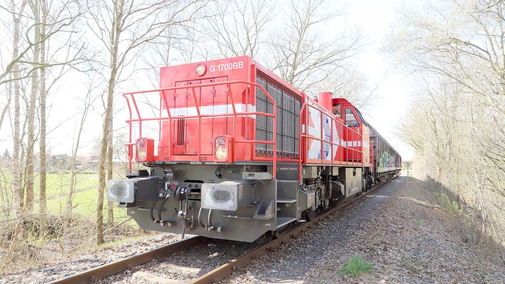 Von diesem Güterzug wurde das Auto der Fahrerin aus Strücklingen beim Bahnübergang in Barßelermoor erfasst. Der Zug kam nach 100 Metern zum stehen. Foto: Passmann