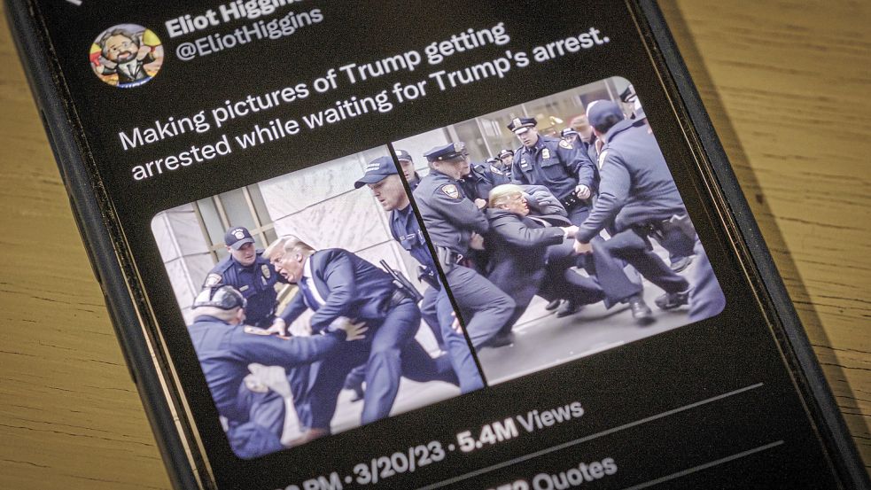 Mithilfe einer KI erstellte der Journalist Eliot Higgins fiktive Fotos, auf denen die Festnahme von Donald Trump zu sehen ist. Foto: dpa/J. David Ake
