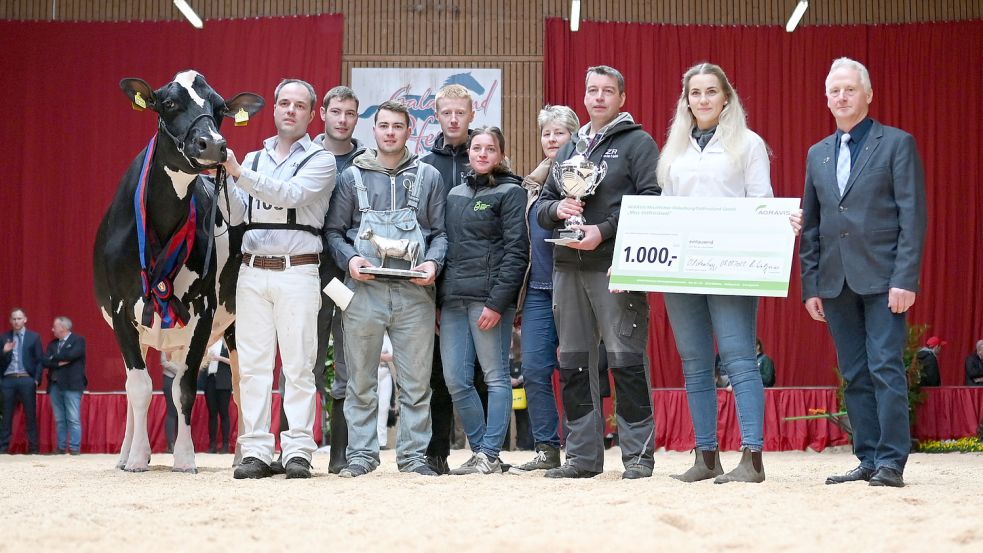 Die schwarz-bunte Milchkuh ZR Indian (l) von Landwirt Thomas Rhodemann (3.v.r) aus Berumerfehn und seinem Vorführer (2.v.l) bei der Preisverleihung mit dem Team der Helfer, Verbandmitarbeitern und Sponsoren. Foto: Lars Klemmer/dpa