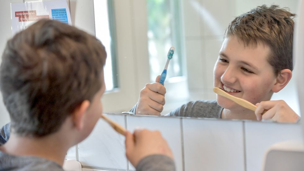 Auch mit Bambus-Zahnbürste kann man sich die Zähne putzen. Der elfjährige Ole Bönisch probiert es aus. Foto: Ortgies