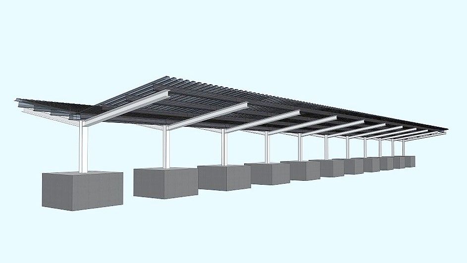 In etwa so sollen die Dachmodule für den Hanrath-Carport mit Solarpark aussehen. Die skizzierten Betonfüße verschwinden im Boden. Grafik: E.M.S Energy