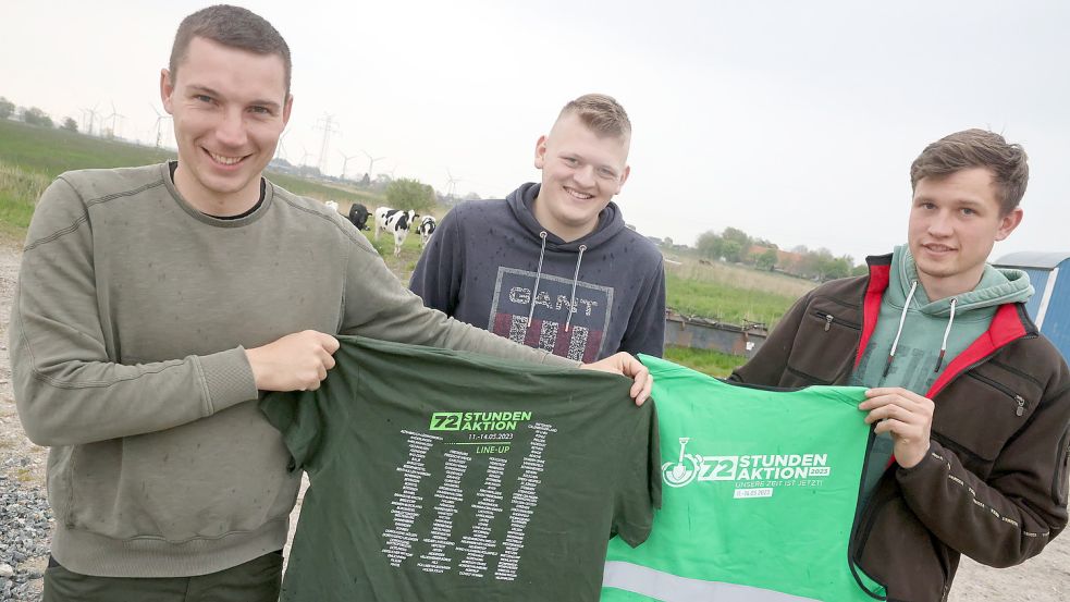 Janis Banderob (von links), Ode Odens und Lennart Wulf gehören zum Vorstand der Landjugend Krummhörn-Emden – und freuen sich auf die anstehende 72-Stunden-Aktion. Foto: Hock