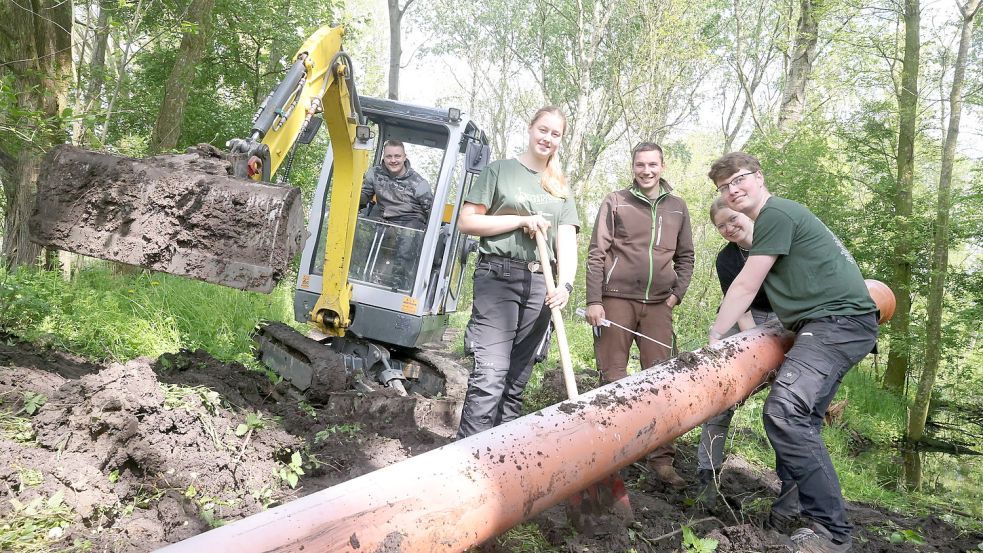 Wohlan, voran ans Werk: Raiko Frerichs (im Bagger, von links), Deike Olk, Janis Banderop sowie die Geschwister Runa und Janto Smit bei der Arbeit. Die Landjugend Krummhörn-Emden musste von Freitag bis Sonntag das Grimersumer Wäldchen wieder flott machen. Dazu gehörte auch das Verlegen einer neuen Drainage. Foto: Hock