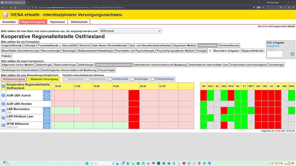 Dienstag, 16. Mai 2023, 20.00 Uhr, niedersächsisches Ivena-Portal: Alle Krankenhäuser in Ostfriesland haben ihre Aufnahmebereitschaft zur "Stationären Versorgung" auf ihren internistischen Intensivstationen abgemeldet. Screenshot: OZ