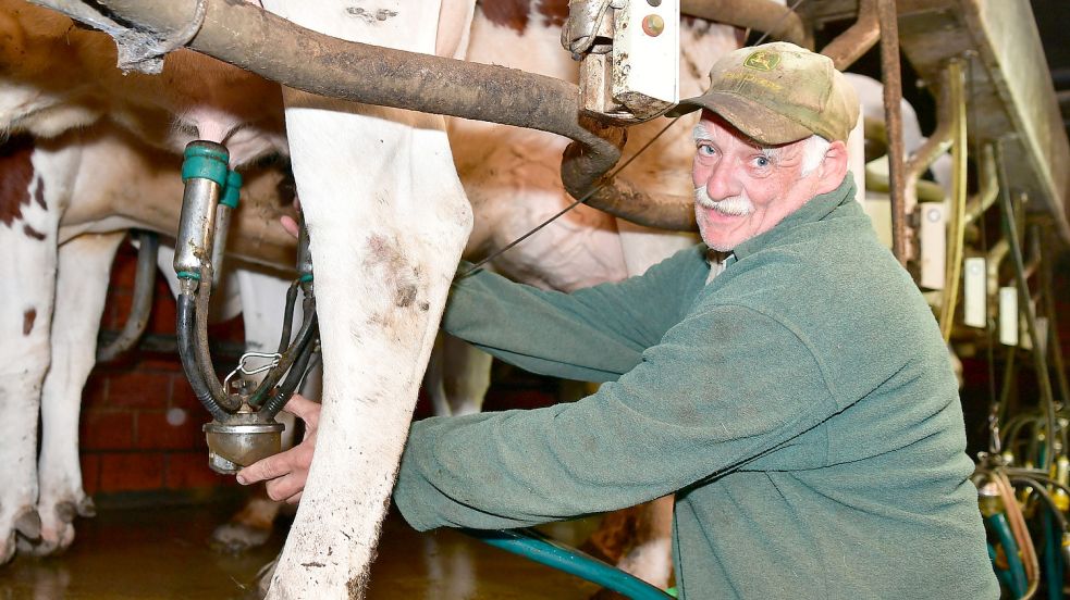 Ein vorletztes Mal Melken: Mit Gerd Uken geht der letzte Rysumer Milchbauer in den Ruhestand. Foto: Wagenaar
