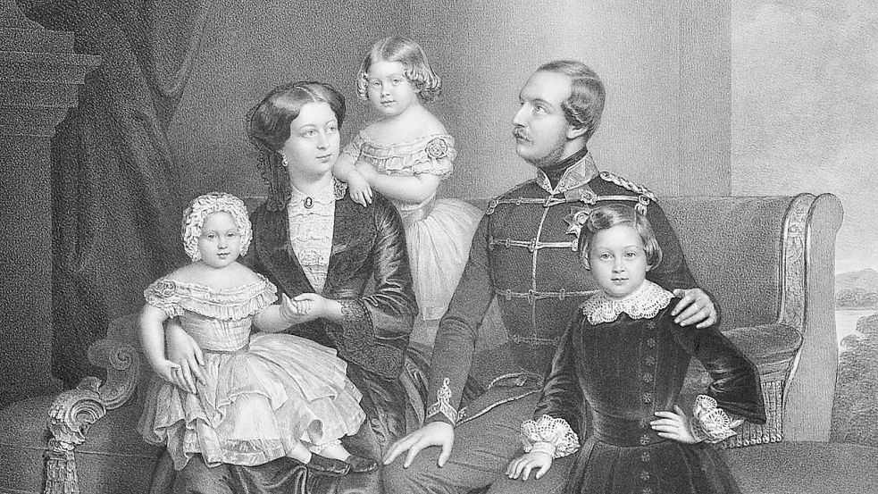 Ein offizielles Bildnis von Georg V., König von Hannover, mit seiner Frau Marie von Sachsen-Altenburg und den Kindern Kronprinz Ernst August, Prinzessin Friederike und Prinzessin Marie nach dem Regierungsantritt am 18. November 1851. Der Künstler: Conrad L’Allemand. Quelle: Wikimedia Commons