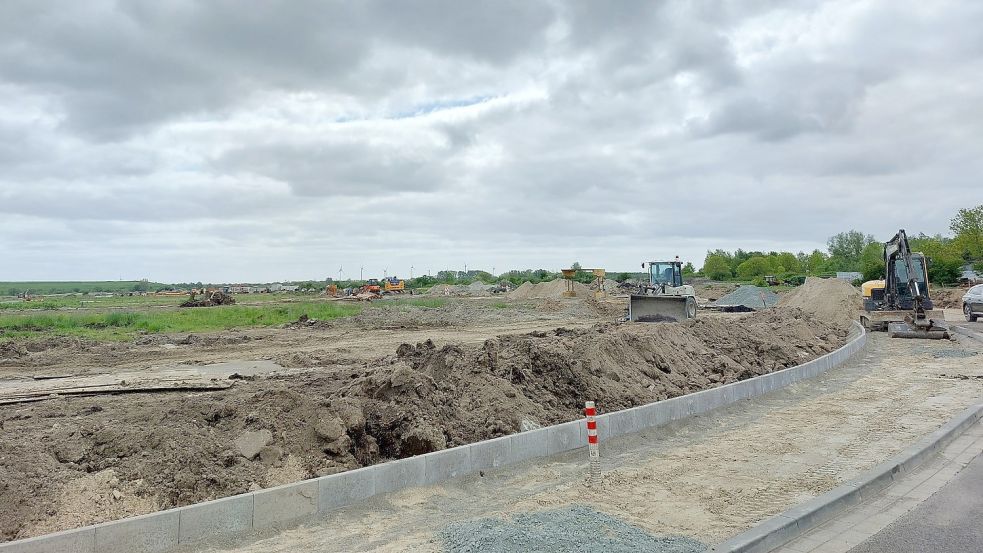 Die ersten Bauplätze sollen direkt am Conrebbersweg erschlossen werden. Im Hintergrund ist der Friesenhügel zu sehen. Langfristig soll sich das Gebiet bis zum Larrelter Tief, das am Hügel vorbei fließt, erstrecken.