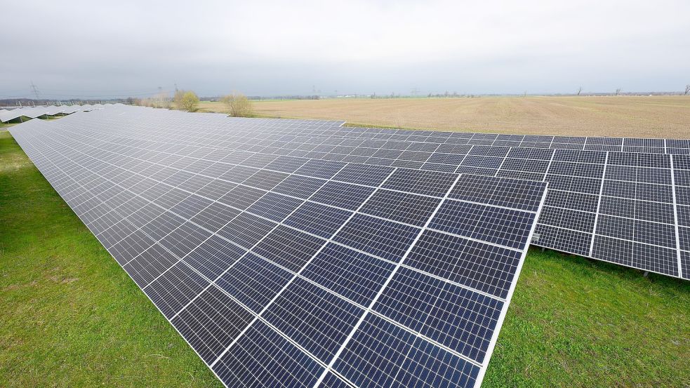 Solaranlagen sind für ein Photovoltaik-Speicher-Kraftwerk auf einer Wiese montiert. Foto: Robert Michael/dpa