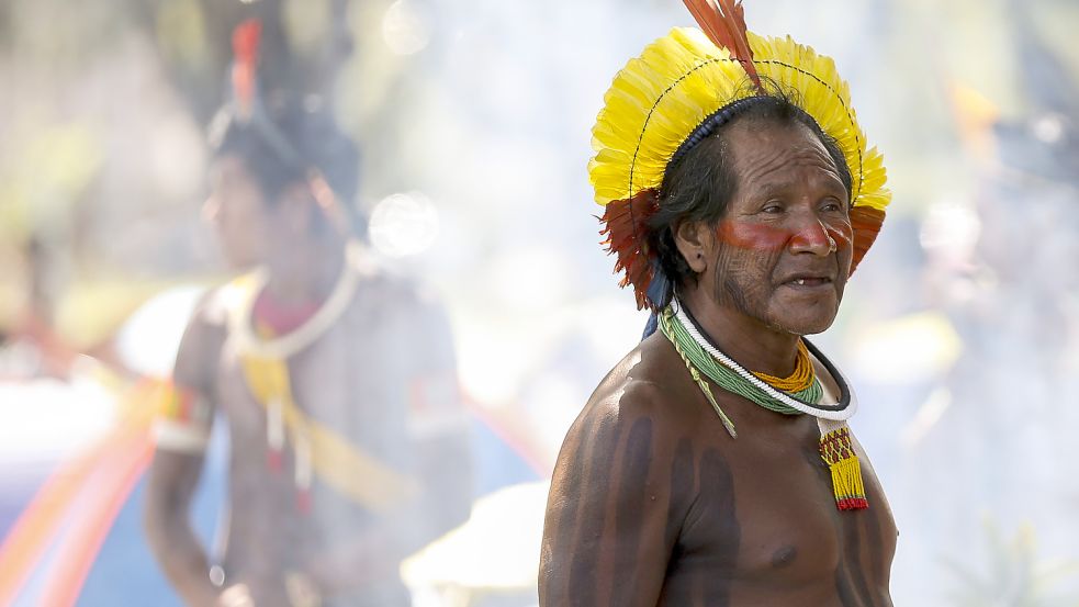 Vertreter der Yanomami 2020 bei einer Kundgebung in Brasilien. Foto: dpa/Agencia Brazil/Marcelo Camargo