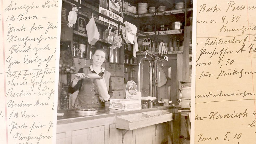 Ein Bild von Sophie Siemsen, Laut Vermerk auf der Bildrückseite zeigt es sie im Jahr 1938 in ihrem Kolonialwarenladne in Visquard. Im Hintergrund ihr Auftragsbuch, welches viele Fragen aufwirft. Foto: Hock