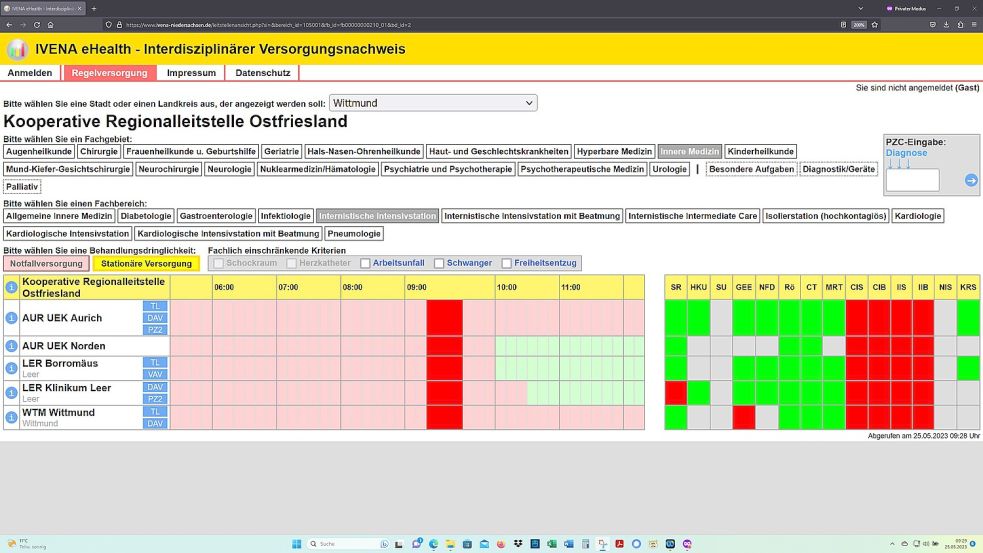 Donnerstag, 25. Mai 2023, 9.29 Uhr: Alle ostfriesischen Intensivstationen im Bezirk der Rettungsleitstelle Wittmund sind für die „Stationäre Versorgung“ abgemeldet. Screenshot: OZ
