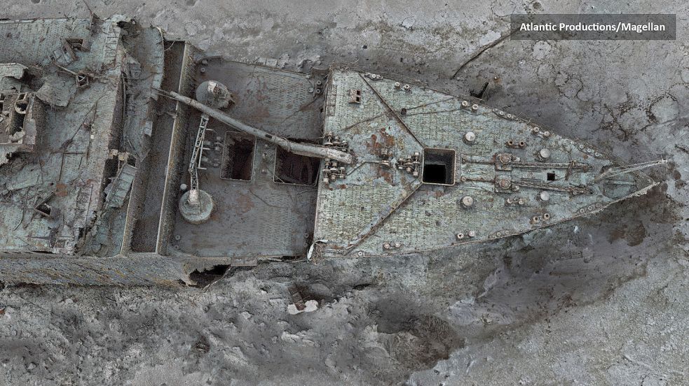 Diese von Atlantic/Magellan veröffentlichte Aufnahme eines digitalen Scans, der mit Hilfe von Tiefseekartierungen erstellt wurde, zeigt den Bug der Titanic in knapp 4000 Metern Tiefe auf dem Grund des Atlantiks. Hochauflösende 3D-Bilder der „Titanic“ könnten neue Erkenntnisse darüber liefern, wie es zu dem verhängnisvollen Untergang des berühmten Passagierschiffs vor mehr als 100 Jahren kommen konnte. Auch von der „Melanie Schulte“ könnten solche Aufnahmen angefertigt werden. Foto: Uncredited/Atlantic/Magellan/AP/dpa