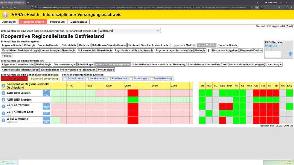 Sonntagabend, 4. Juni 2023: Im Ivena-Portal sind die Intensivstationen in Aurich, Leer und Wittmund für die Notfallversorgung abgemeldet. Screenshot: OZ
