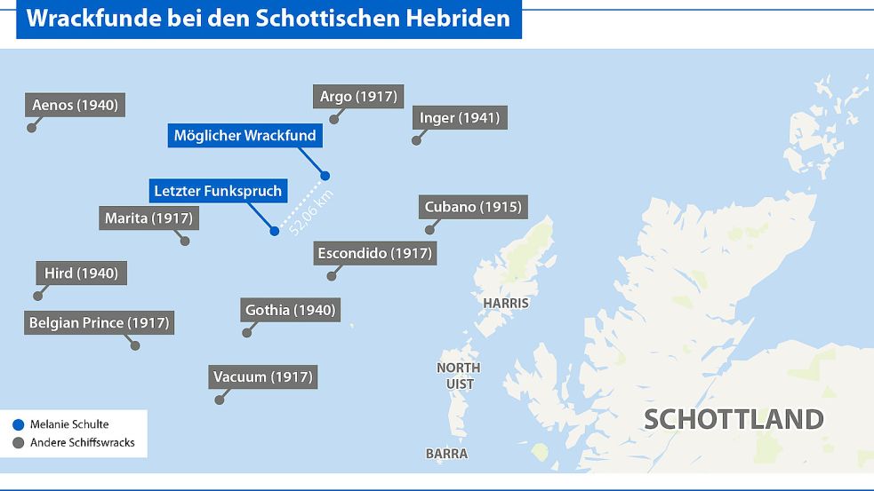 Auf der Karte sind nur auszugsweise die Wracks vermerkt, die rund um den möglichen Wrackfund der "Melanie Schulte" liegen. Grafik: K. Schüür