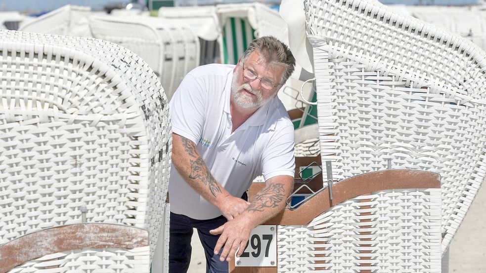 Im Meer von Strandkörben behält er den Überblick: Uwe von der Pütten, Strandkorb-Aufbereiter von Norddeich. Foto: Ortgies