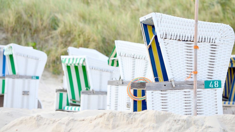 Was man an vielen Stränden sieht: Um den Strandkorb entsteht eine Art Festung, oft inklusive Fahnenmast. Foto: Hoppe