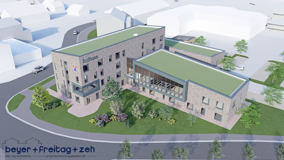 So soll das neue Rathaus der Gemeinde Moormerland aussehen. Darstellung: Beyer+Freitag+Zeh
