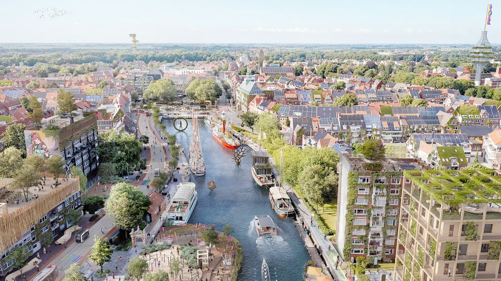 Ganz schön grün und wenige Autos: So wünschen sich einige den Bereich rund um den Delft. Foto: Emder Ratsdelft 2045 by Reinventing Society & loomn (CC BY NC SA 4.0)