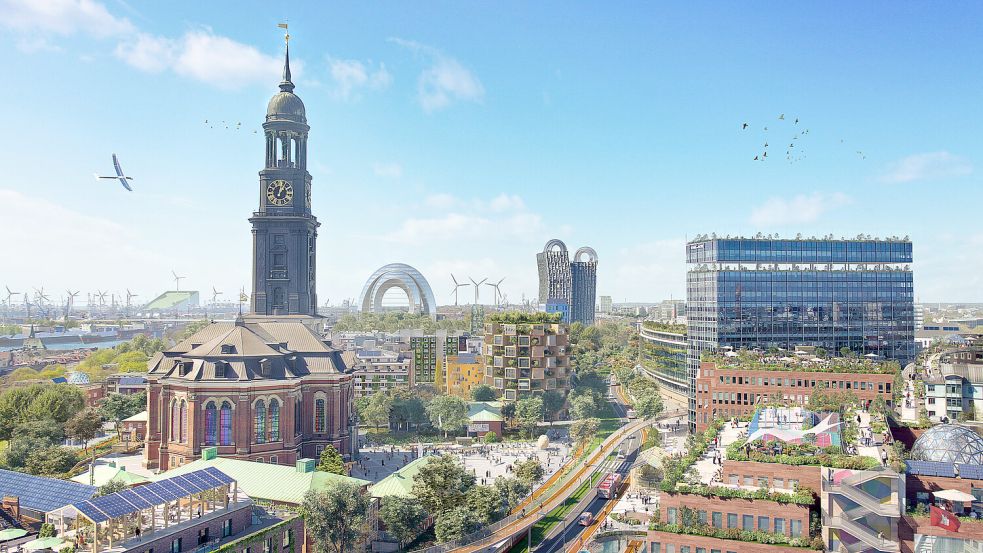 So könnte Hamburg im Jahre 2045 aussehen - zumindest in der optimistischen Vorstellung der "Zukuntfsbilder". Foto: Hamburg Michel 2045 by Reinventing Society, Wire Collective, German_Zero (CC BY SA 4.0) Foto News Art