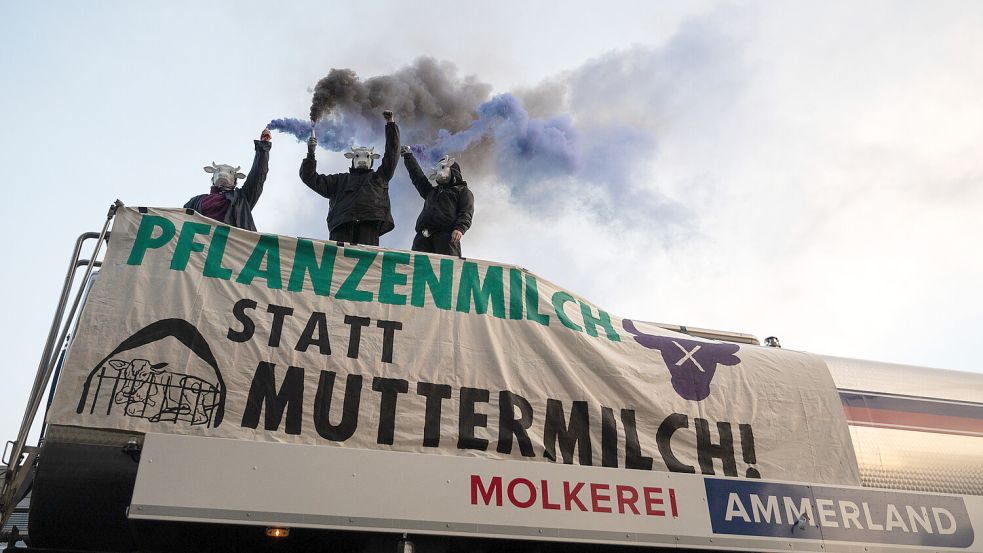 Animal Rebellion in Aktion: „Pflanzenmilch statt Muttermilch“ steht auf einem Banner, das am Freitag auf einem Dach der Molkerei Ammerland in Wiefelstede entrollt wurde. Foto: Animal Rebellion