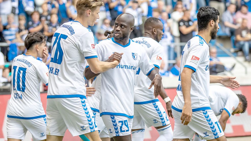 Magdeburg gewinnt gegen Hertha, trotz eines viermaligen Rückstands. Foto: dpa/Andreas Gora