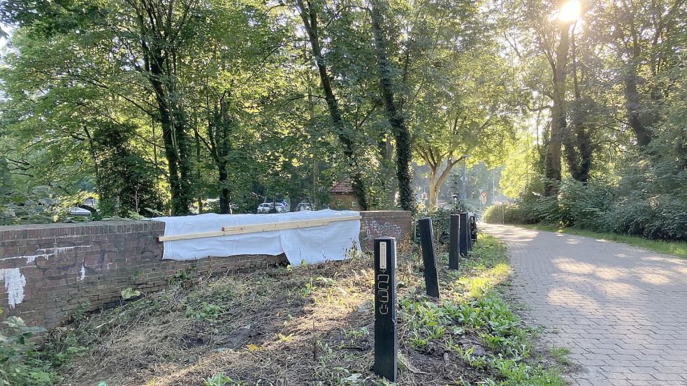 Nicht sonderlich elegant, aber zweckmäßig: Die Schutzfolien-Befestigung berhalb der Brücke am Wallweg zur Auricher Straße. Bild: Schuurman