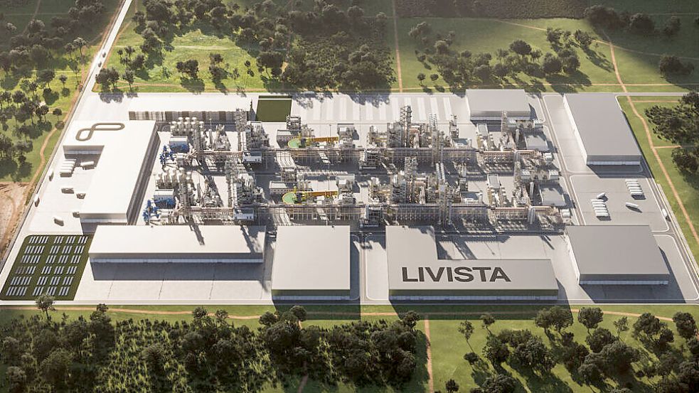 So stellt sich das Luxemburger Unternehmen Livista Energy die Lithium-Raffinerie in Emden vor. Sie soll im Wybelsumer Polder entstehen. Grafik: Livista