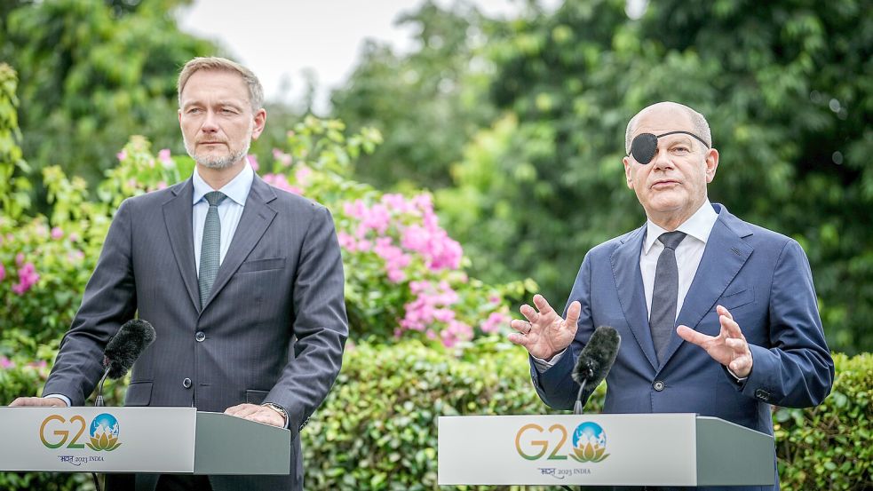 G20-Gipfel: Bundeskanzler Scholz wurde von Finanzminister Lindner nach Indien begleitet. Foto: dpa/Kay Nietfeld