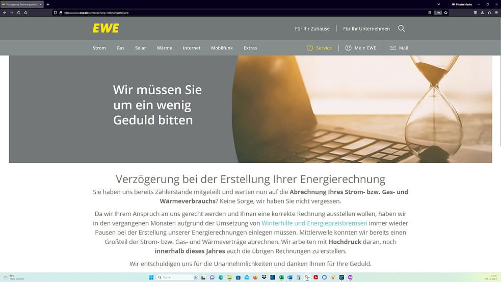 Wie lange muss die EWE noch "mit Hochdruck" an ihrem Abrechnungs-Rückstand arbeiten, ehe er aufgeholt ist? Screenshot: OZ/Quelle: EWE-Homepage