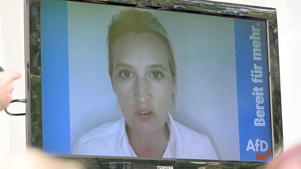 AfD-Chefin Alice Weidel in einer Videobotschaft bei einer Wahlkampf-Veranstaltung der AfD in Mödlareuth. Foto: dpa/Martin Schult