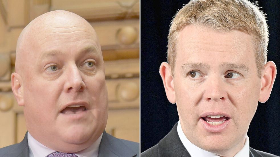 Die Namensvettern Chris Luxon (l.) und Chris Hipkins treten bei der bevorstehenden Parlamentswahl in Neuseeland gegeneinander an - so wirklich beliebt ist aber keiner der beiden. Foto: IMAGO/AAP