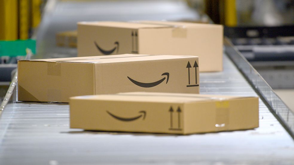 Pakete fahren auf einem Förderband durch ein Amazon-Logistikzentrum. In mehreren Verteilzentren könnte das Förderband heute still stehen. Foto: dpa/Klaus-Dietmar Gabbert