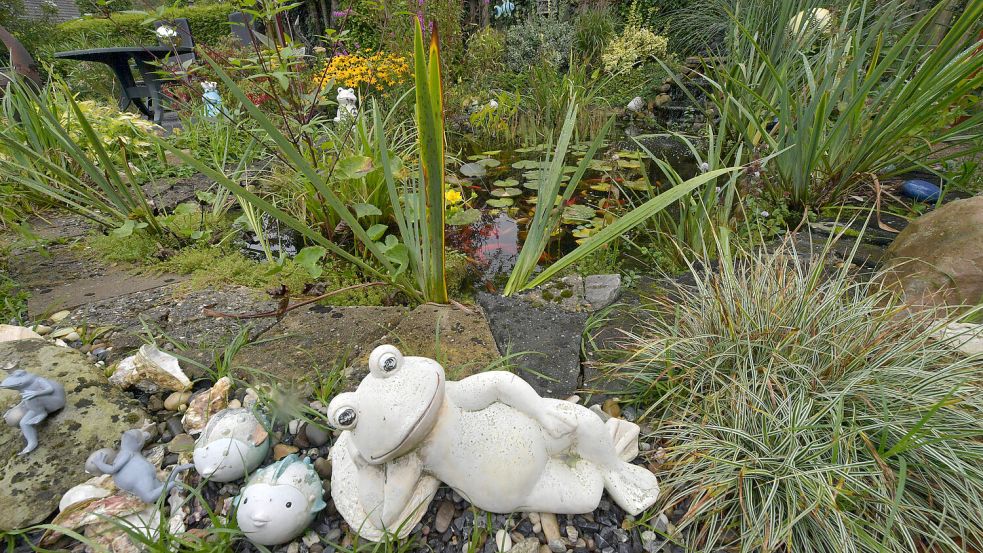 Nur dieser Tonfrosch ruht sich hier aus – seine Besitzerin Antje Jansen werkelt lieber im Garten. Foto: Ortgies