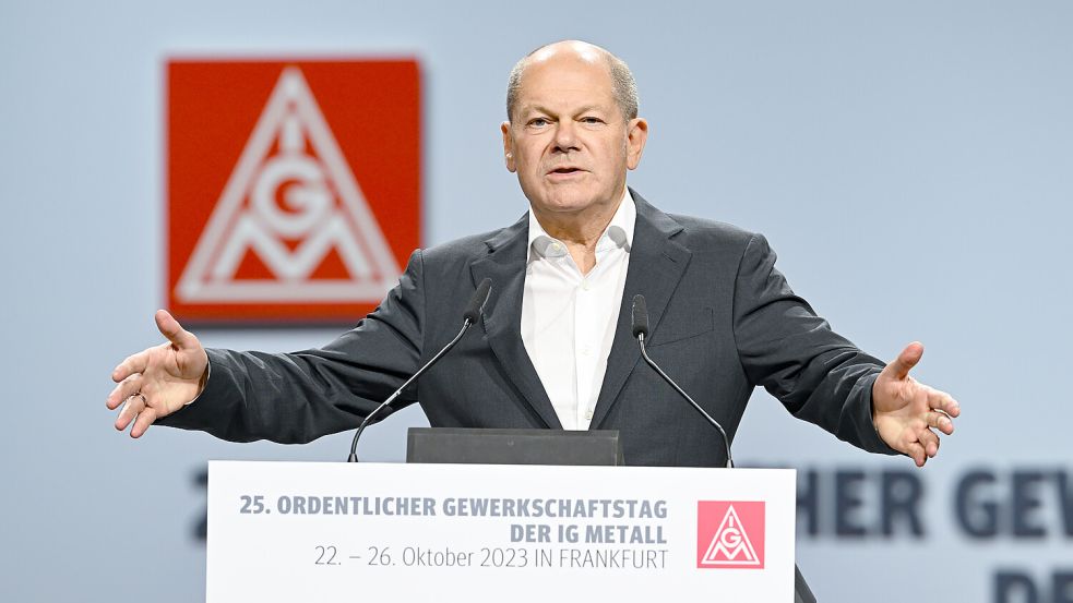Bundeskanzler Olaf Scholz beim Gewerkschaftstag der IG Metall in Frankfurt am Main. Foto: dpa/Arne Dedert