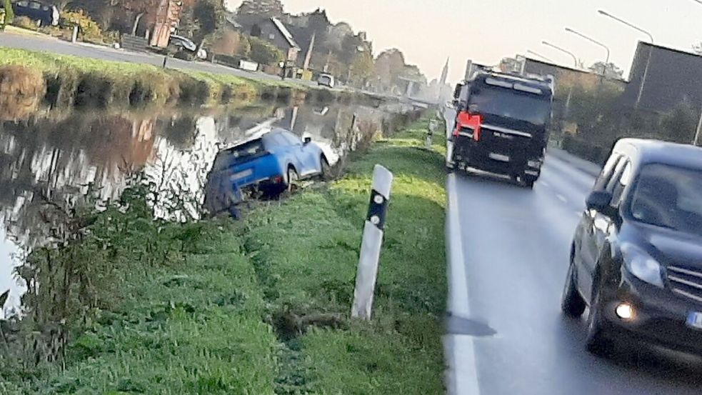 Die Fahrerin kam mit ihrem Wagen von der Straße ab und landete im Kanal. Foto: Detlef M. Plaisier