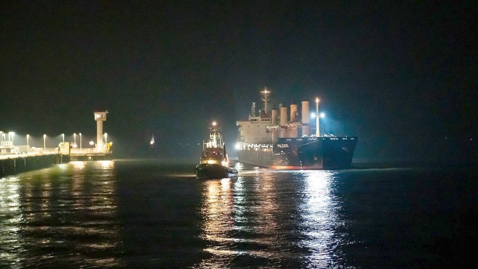Das Frachtschiff „Polesie“ ist in der Nacht in Cuxhaven angekommen. Foto: Jonas Walzberg/dpa