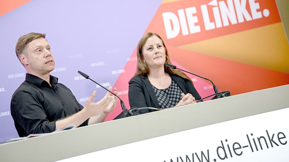 Die Linken-Chefs Martin Schirdewan und Janine Wissler können sich um mehr Mitglieder freuen. Foto: dpa/Britta Pedersen