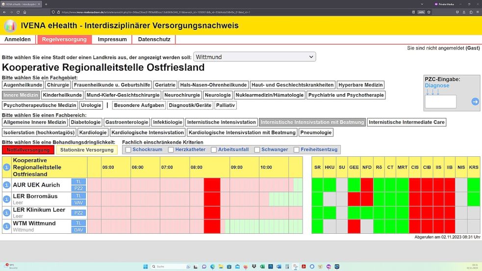 Donnerstag, 2. November, 8.31 Uhr: Alle Krankenhäuser im Zuständigkeitsbereich der Kooperativen Regionalleitstelle Ostfriesland haben ihre Intensivstationen mit Beatmung gleichzeitig für die "Notfallversorgung" abgemeldet – im Ivena-Portal des Landes Niedersachsen. Screenshot: OZ