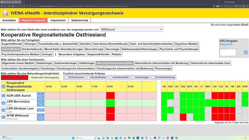 Rot dominiert auch am Donnerstagabend die Intensivstationen-Übersicht im niedersächsischen Ivena-Portal für das Gebiet der Kooperativen Regionalleitstelle Ostfriesland. Screenshot: OZ