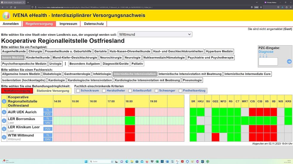 Rot dominiert auch am Donnerstagabend die Intensivstationen-Übersicht im niedersächsischen Ivena-Portal für das Gebiet der Kooperativen Regionalleitstelle Ostfriesland. Screenshot: OZ