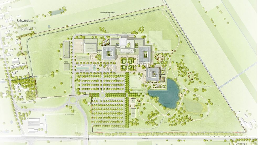 Ein Lageplan der Zentralklinik, wie sie in Uthwerdum (Georgsheil) gebaut werden soll. Grafik: gmp International GmbH, Aachen