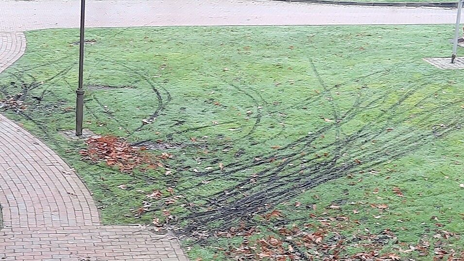 Diese Grünfläche beim Rathaus wurde vermutlich mithilfe von Fahrrädern beschädigt. Fotos: Gemeinde