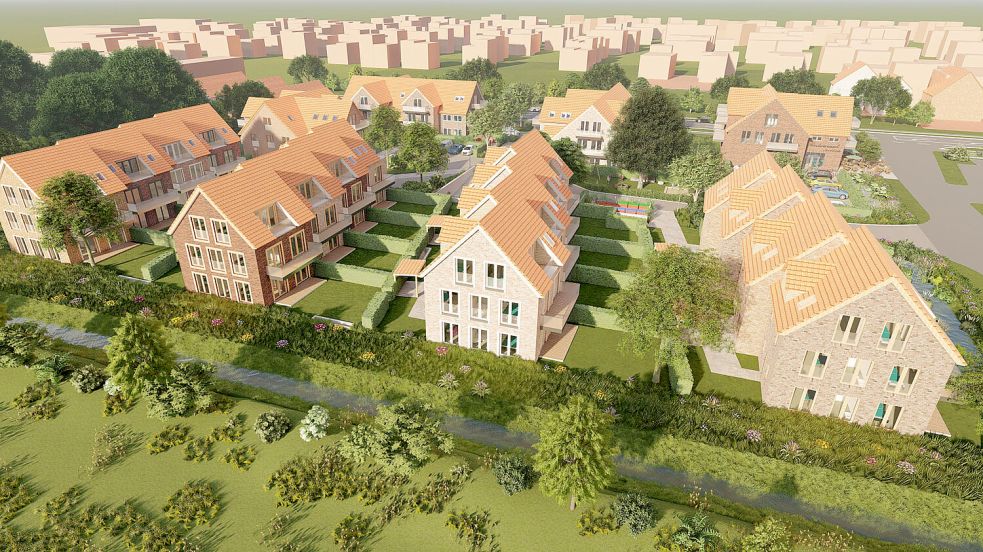 Ansicht vom hinteren Teil des Geländes in Richtung Norddeicher Straße: Hinten sollen Ferienwohnungen gebaut werden, vorne die Dauerwohnungen. Visualisierung: Urbano Stadtplanung&Architektur