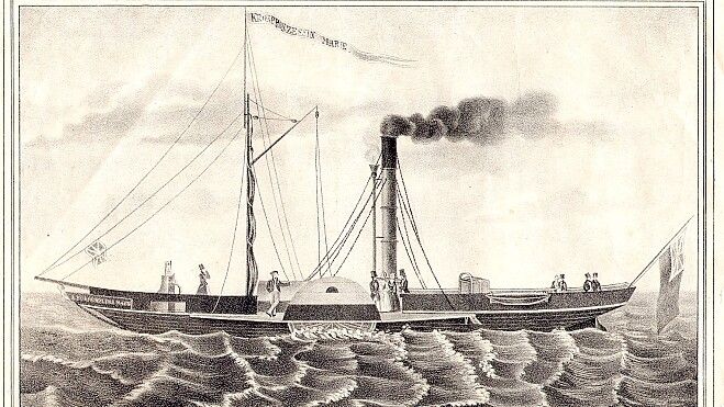 Das Gemälde „Ems-Dampfschiff Kronprinzessin Marie“ von 1844 zeigt das erste Schiff der heutigen AG Ems. Quelle: Landesmuseum