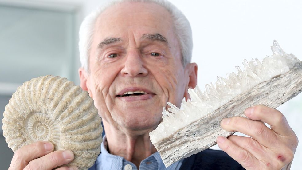 Manfred Nittmann zeigt wieder neue Funde, darunter der Ammonit der Gattung Mortoniceras aus Marokko (links) und der Bergkristall aus der Schweiz. Foto: Böning