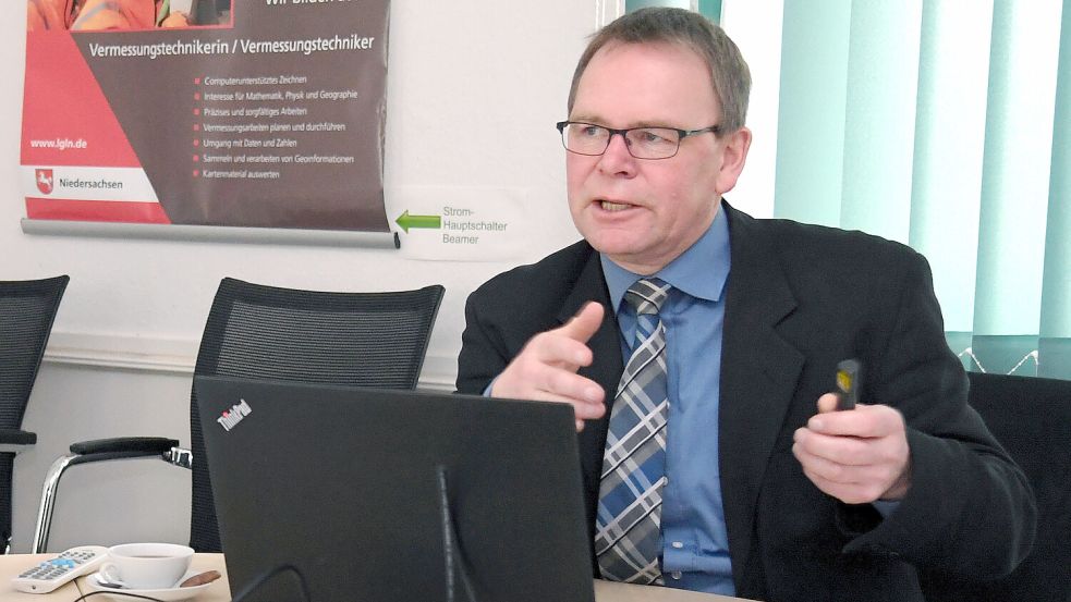 Martin Homes, Vorsitzender des Gutachterausschusses für Grundstückswerte in Aurich, bei der Vorstellung des jüngsten Jahresberichts im Frühjahr 2023. Foto: Ellinger