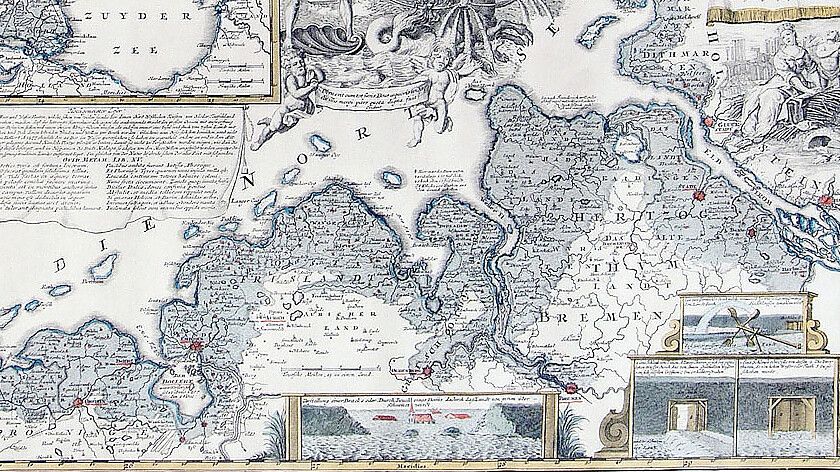 Die Kupferstichkarte des Nürnberger Kartographen und Verlegers Johann Baptist Homann (1664-1724) dokumentiert die „Geographische Vorstellung der jämerlichen Wasser-Flutt in Nieder-Teutschland“, die Weihnachtsflut im Jahr 1717. Quelle: Wikimedia Commons