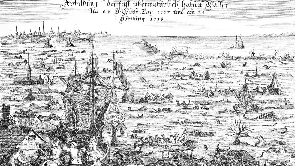 Dieser Kupferstich eines unbekannten Urhebers zeigt das Ausmaß der Weihnachtsflut. Die Sturmflut begann ihren grausigen Zug über die Küste Ostfrieslands in der Nacht zum 25. Dezember 1717. Quelle: Wikimedia Commons
