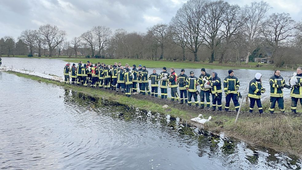 Mit vereinten Kräften sicherten die Einsatzkräfte den Deich der Roten Riede in Langholt. Das Feld im Hintergrund war bereits überschwemmt. Foto: Hellmers