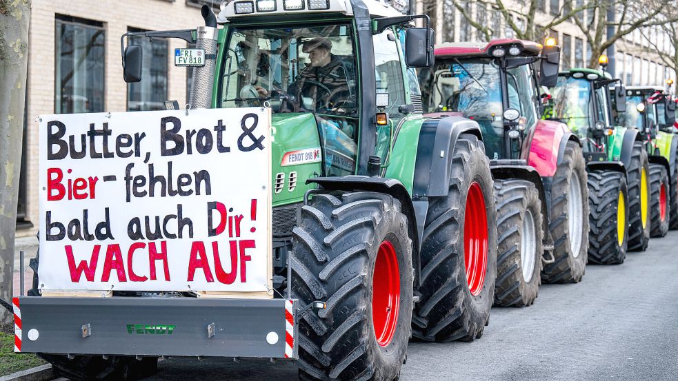 Zahlreiche Traktoren stehen am Montag in der Bremer Überseestadt bei einer Demonstration von Bauern. Foto: Schuldt/DPA